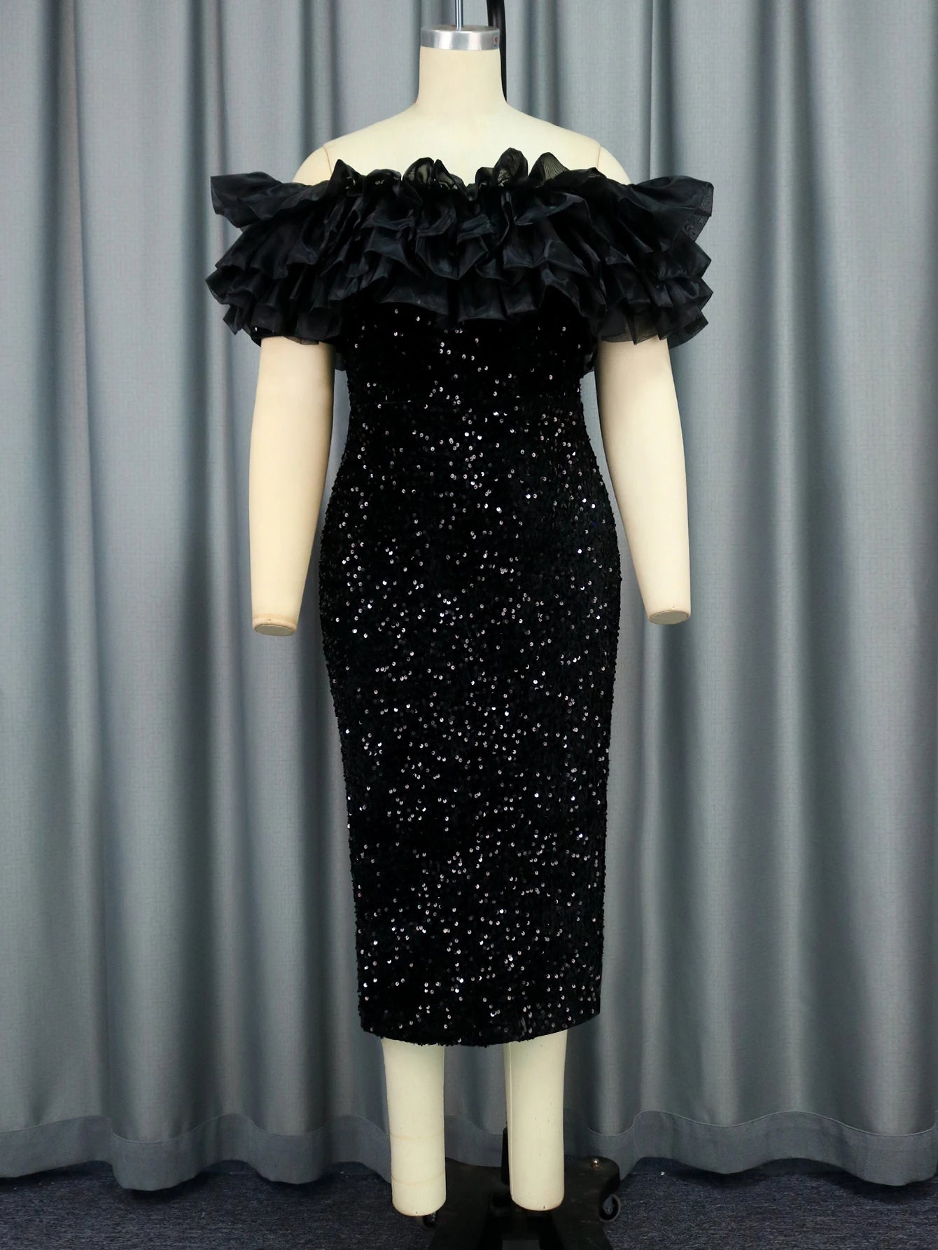 Women Classy Off Shoulder Black Sequin Dress Backless Ruffles Trim Vel