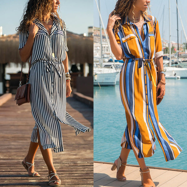 Stripe Shirt Dress Spring/Summer Chiffon V-neck Maxi Dresses Casual Girl Lace