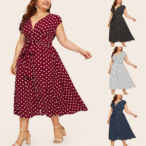 Women Casual Plus Size V-neck Sleeveless Polka Dot Printed Button Belt Dress