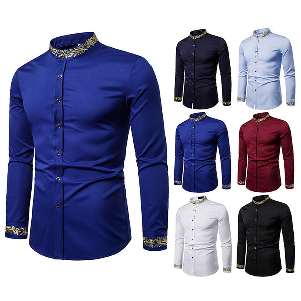 Gold Embroidery White Shirt Men Brand New Stand Collar Mens Dress Shirts Casual Slim Long Sleeve Chemise Homme Camisa Masculina