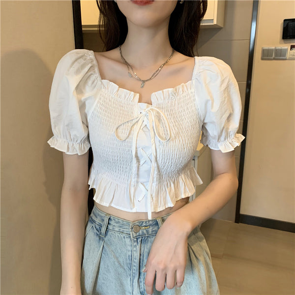 Short Slim Puff Sleeve Square Neck Clavicle Top French Short Sleeve Summer New Hot Girl Shirt