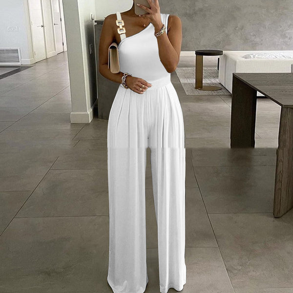 Women's Metal Buckle Vest Top High Waist Wide Leg Jumpsuit