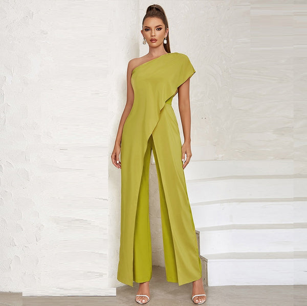 French Olive Green Ruffled Shawl One-shoulder Jumpsuit