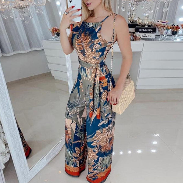 Hanging Peacock Feather Printed Jumpsuit