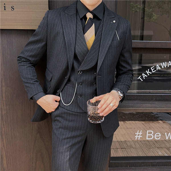 Men's  Slim-fitting Double Button Striped Suit Three-piece Suit