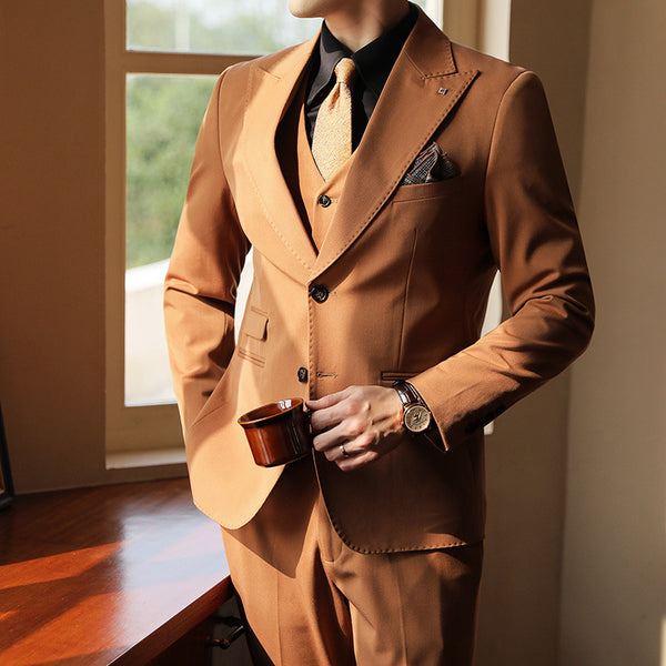 High-end Suit Closure Collar Suit Three-piece Suit Men Caramel