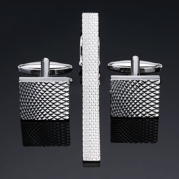 Men's Fashion Silver Square Engraved Tie Clip Cufflinks Set