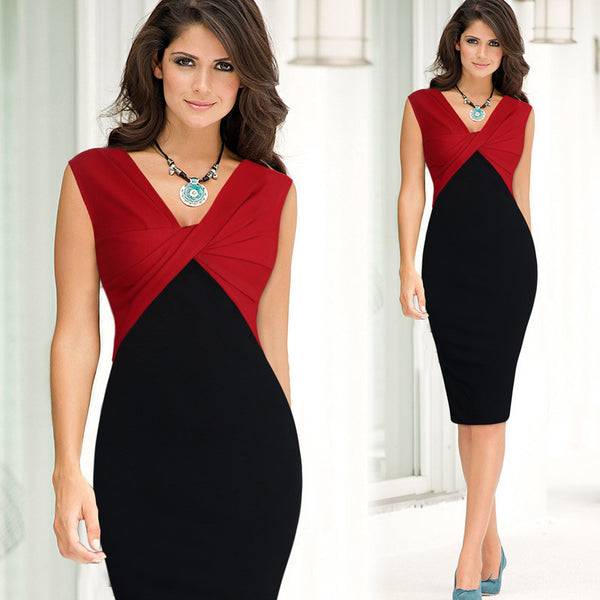 V-neck Sleeveless Color Block Back Slit Sexy Dress