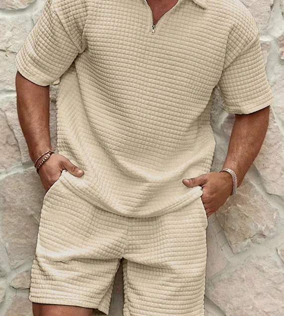 Men's Casual Jacquard Weave Zip Short Sleeve 2-Piece Short Set