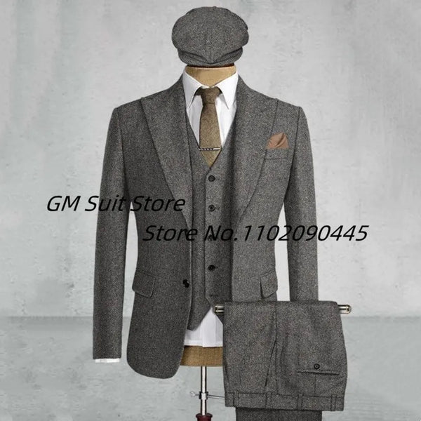 Men's 3-piece Suit (Jacket+Vest+Pants) Herringbone Lapel Solid Color Single-Breasted