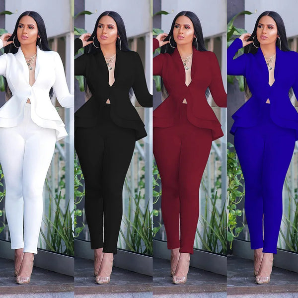 New Women's Set Tracksuit Full Sleeve Ruffles Blazers Pencil Pants Suit Two Piece Set