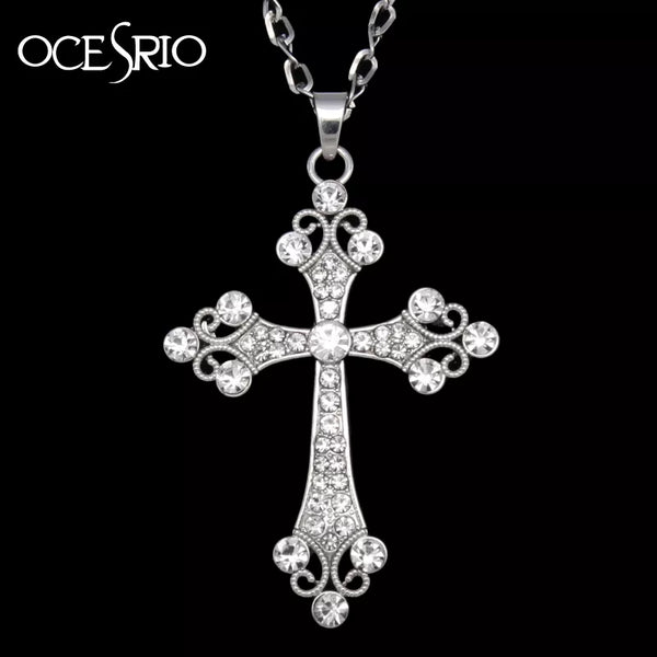 Big Silver Color Cross Pendant Necklace Crystal Rhinestone Long Chain Necklace for Women Hip Hop Fashion Jewelry