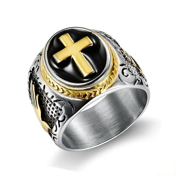 Hot sale Men's rose gold Silver color 316L Stainless Steel Christian Holy Cross Ring Hand of God