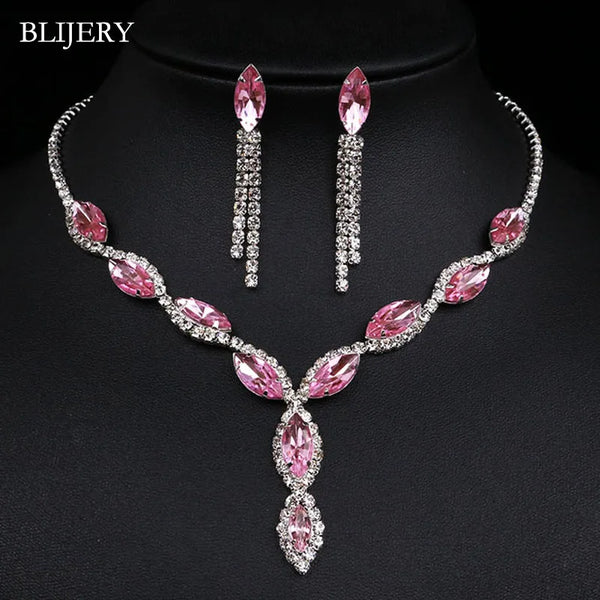 BLIJERY Fashion Pink Crystal Necklace/Earrings for Women Floral Bridal Jewelry Sets