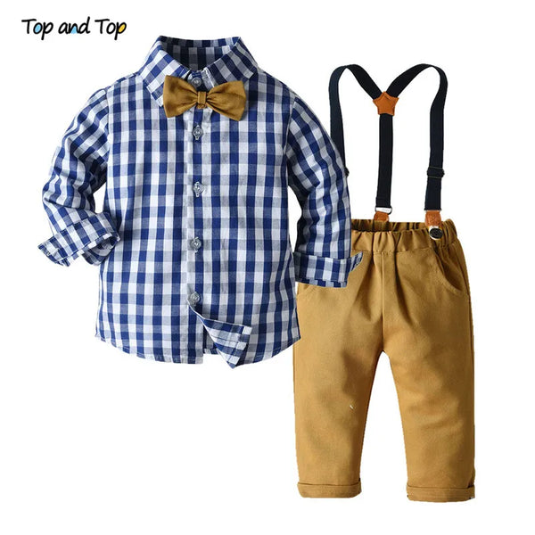 Boys Clothing Sets Springs Summer Long Sleeve Plaid Bowtie Tops+Suspender Pants outfit