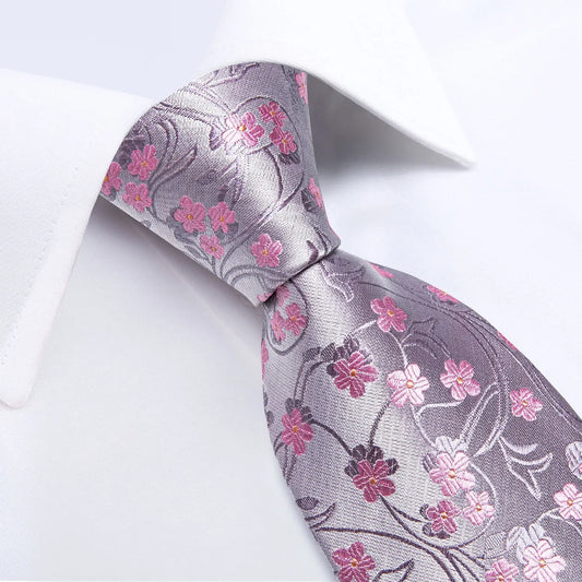 100% Silk Floral Pink Ties For Men Tie Handkerchief Brooch Cufflinks Set