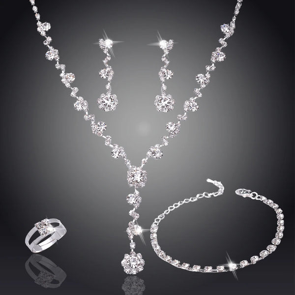 Women's Silver Fashion Luxury Crystal Pearl Necklace/Bracelet/Ring/Earrings Jewelry Sets for Bridal