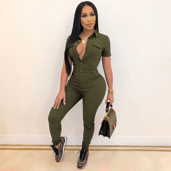 Women's Casual Solid Color Polo Collar Short-sleeved Single-breasted Jumpsuit