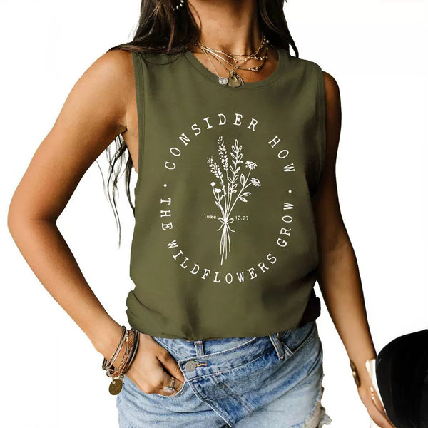 Consider How Flowers And Plants Letter Print Loose Sleeveless T-shirt