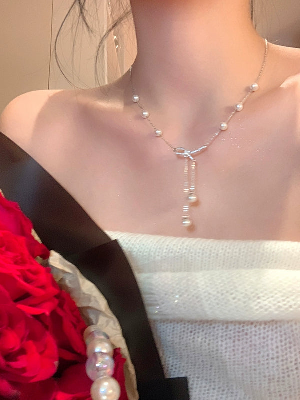 Niche Style Romantic Pearl Tassel Female Clavicle Chain Bows