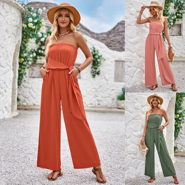 Women's Casual Tube-top Tie Waist Slim Fit Jumpsuit