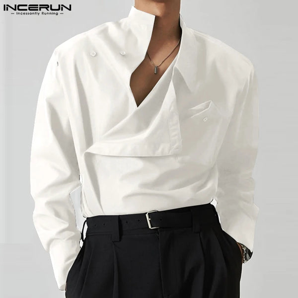 New Men's Diagonal Placket Solid Simple All-match Blouse Fashion