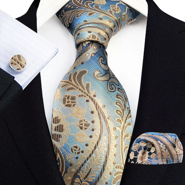 Blue Gold Floral Neck Tie For Men Luxury 8cm Wide Silk Pocket Cuff Links Set