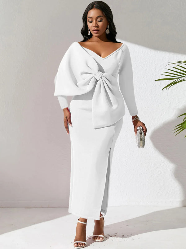 Plus Size Autumn And Winter New Solid Color Deep V-Neck Bow Long Sleeve High Waist Wrapped Hip Fashion And Elegant Party Dress