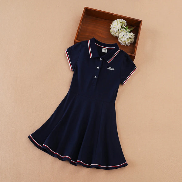 Girls Sport Cotton Turn-Down Collar Tennis Dress Summer Short Sleeve