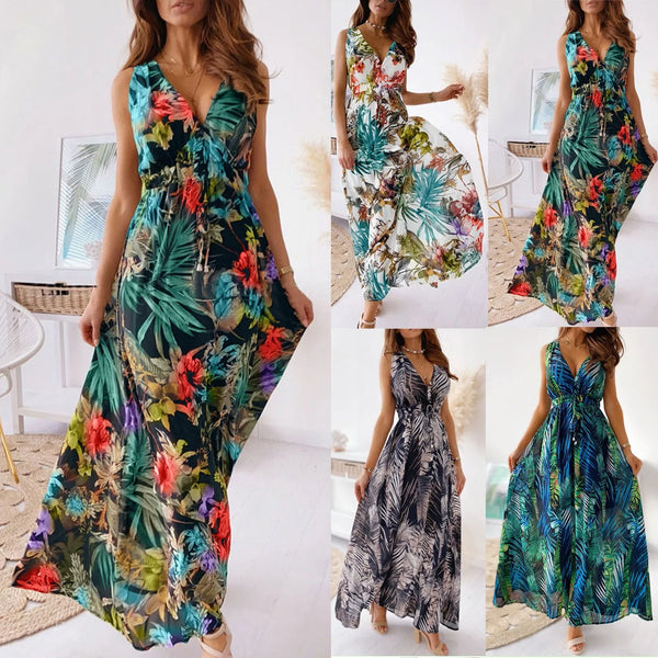 Women's Summer Dresses Fashion Casual Print Bandage Elastic Waist V-Neck Sleeveless Pullover Dress