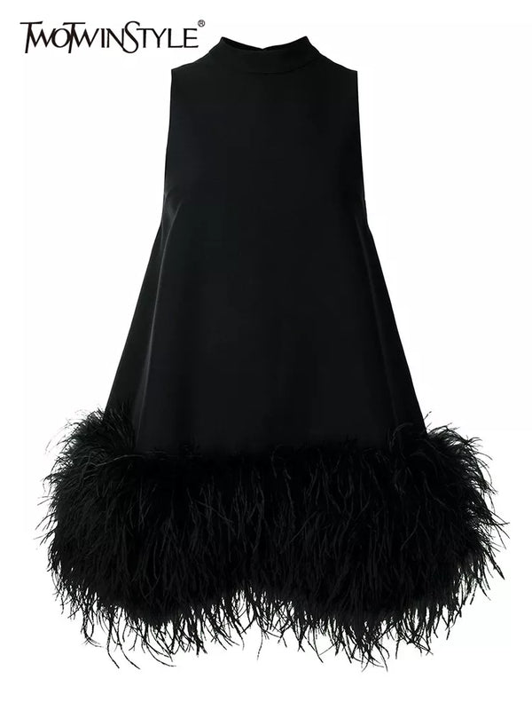 Feather Fur Dress For Women O Neck Sleeveless Loose Tassel A Line Dresses