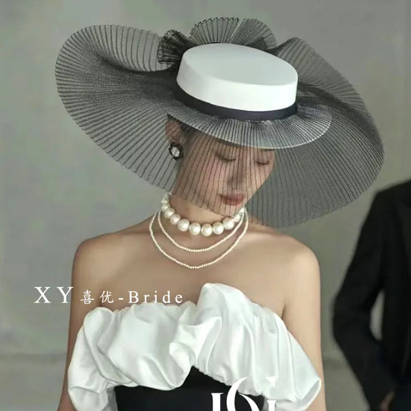 French Style Wide Mesh Brim Wedding Hat for Women White Satin Flat Fedora Cap Flower Bowknot Bride Formal Church Hat Headpieces