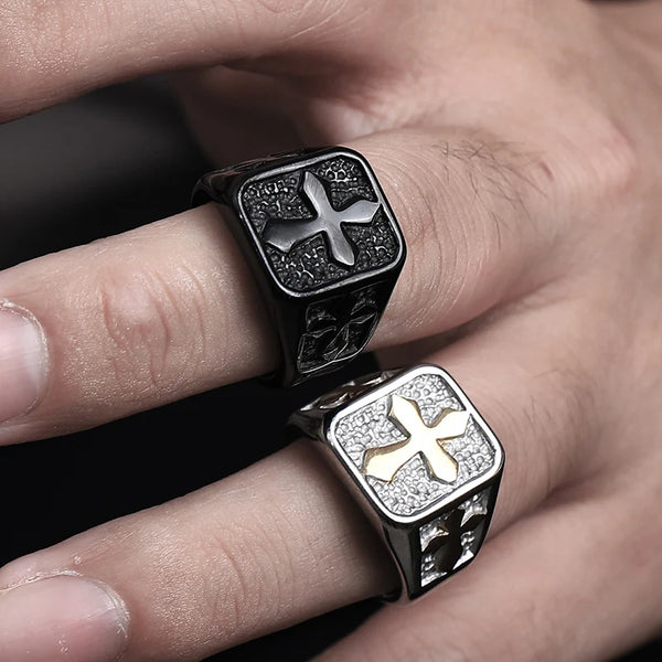 Size 6-15 Punk Rock Titanium Steel Cross Square Rings for Men Christianity Jewelry