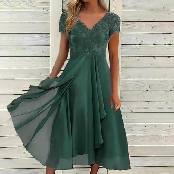 Vintage Dress Women Chiffon V Neck Splicing Lace Hollow Female Vestidos Long Pleated Large Swing Dresses Women Summer Dress