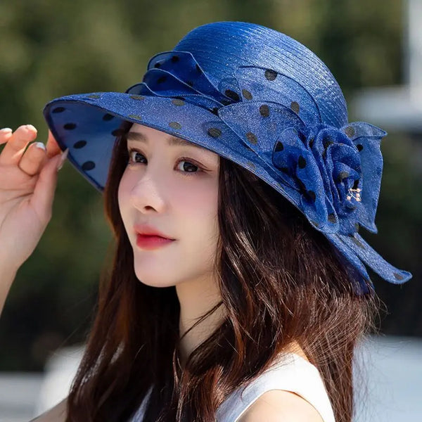 Summer Elegant Fashion Church Hats Women's Organza Polka Dots Flower Sun Hat Fedora Hat