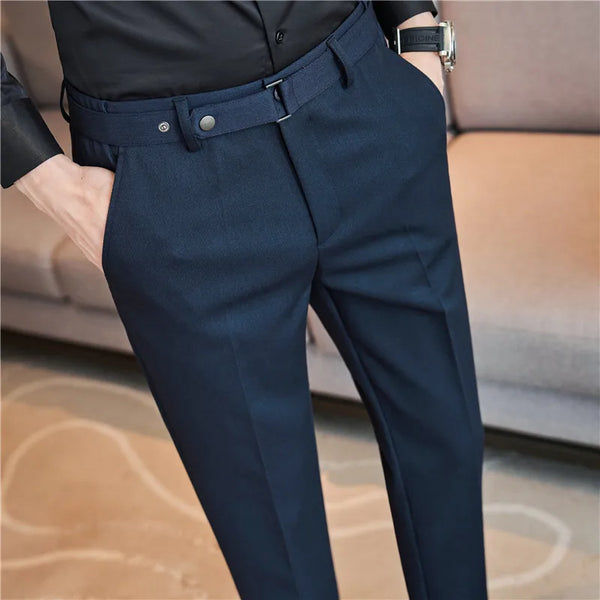 Dress Pants For Men Fashion Belt Design Pinstripes Suit Pants Simple Big Size Elegant Men's Formal Trousers High Quality