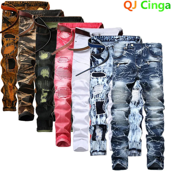 Fashionable New Men's Motorcycle Jeans Pleated Holes Decorative Denim Pants