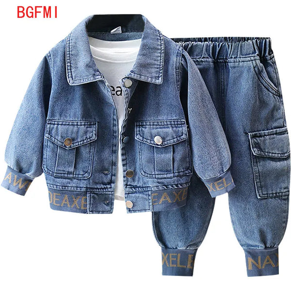 Spring Denim Coat Children's clothing  Boys Outerwear Blue / Black Jacket Pant sets Two-piece set 2-9Y