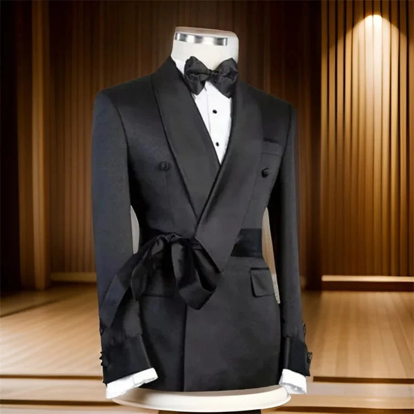 Men's Jacket Black Belt Shawl Lapel Slim Fit Double Breasted Clothing Groomsmen Business Tuxedo Blazer