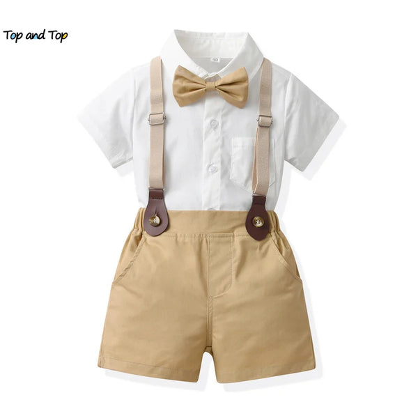 New Toddler Boys Clothing Sets Bowtie Shirt+Suspenders Short Outfits