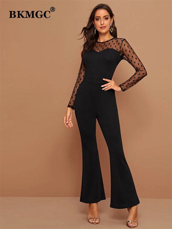 BKMGC Women Jumpsuits Outfits Elegant Mesh Splicing O-neck Solid Color Long Sleeve Sexy Slim Fit Jumpsuit Pants