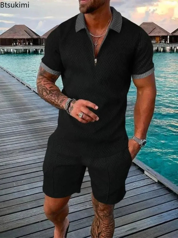 Fashion New Men's 3D Digital Printed Summer Short-sleeved Polo Two Piece Sets