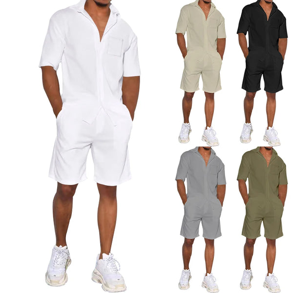 Summer Thin Men's Set Lapel Short-sleeved Shirt Shorts Two-piece Loose Casual Sports Suit Solid Color Comfortable Men's Clothing