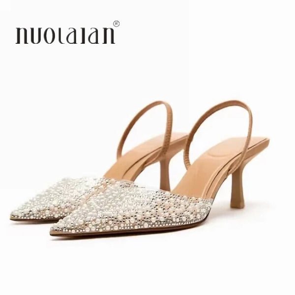 Woman Shoes Fashion Pearl Decoration Party Wedding Sling back  Pumps