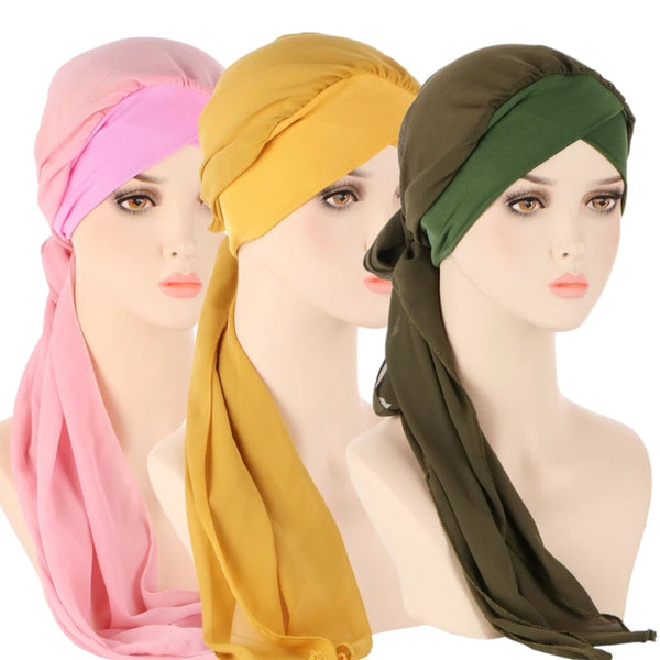 Women Fashion Pre Tied Headscarf Wrap Long Tail Turban Bonnet Bandanas