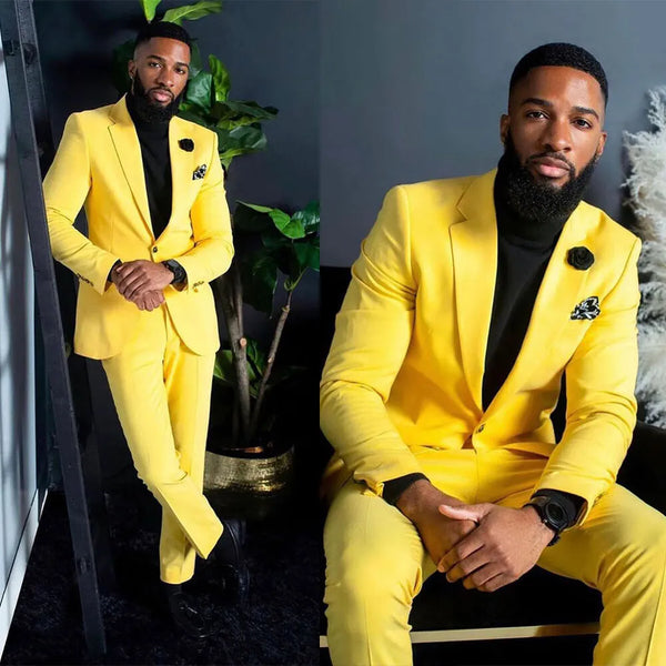 Men's Yellow Suits Slim Fit Single Breasted Formal Party Wear 2 Pieces