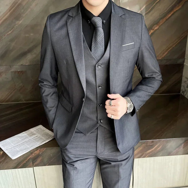 Boutique Solid Color Men's Casual Office Business Suit Three Piece Set Blazer Waistcoat Trousers