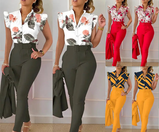 2 Piece Women's Flower Print Top Shirt Pants Suit Sexy Casual Belt Trousers