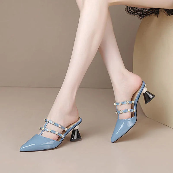 Summer New Soft Patent Leather Pointed Toe Toe Sandals and Slippers Pearl High Heel Shaped Heel Fashion Women's Shoes