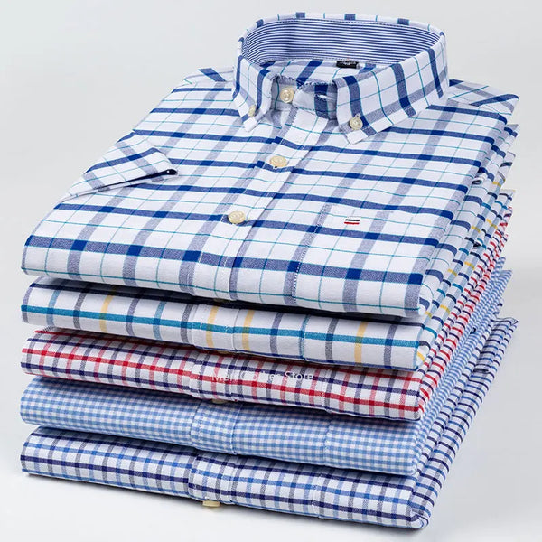 100% Pure Cotton Men's Oxford Short Sleeve Square Collar Soild Plaid Striped Summer Casual Shirts Single Pocket  Shirt